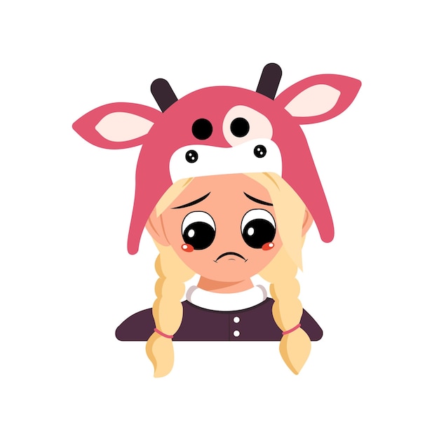 Girl with blonde hair and sad emotions depressed face down eyes in cow hat head of cute child with m...