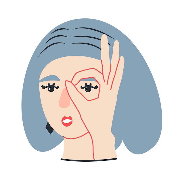 girl with blue hair shows ok with hands and looks through fingers, portrait, illustration, flat