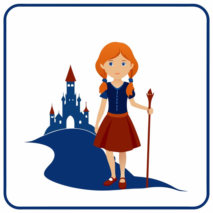 Vector a girl with a blue shirt and a castle on the background