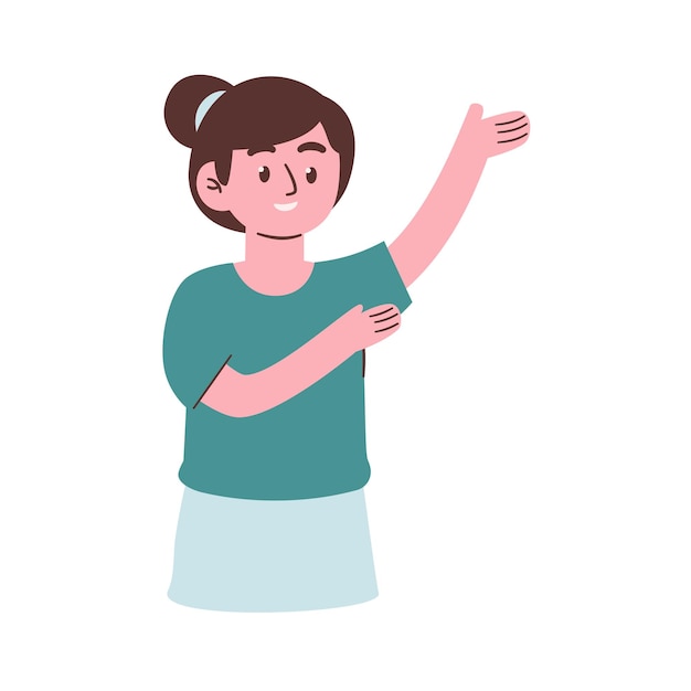 Vector girl with a blue shirt on and a green shirt is pointing to the right.