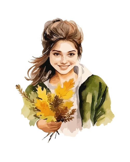 Girl with a bouquet of autumn leaves clipart isolated vector illustration