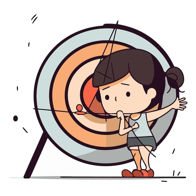 Vector girl with bow and arrow on target in cartoon style