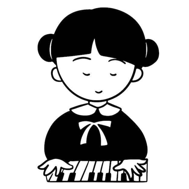 A girl with a bow on her shirt sits in front of a piano.