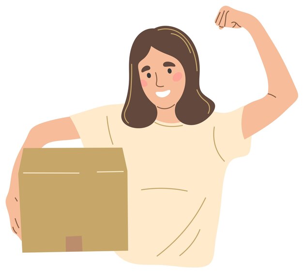 A girl with a box in her hands a winner's gesture