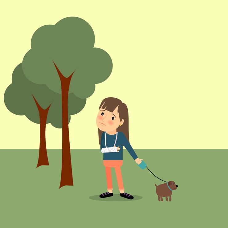 Vector girl with broken arm and dog