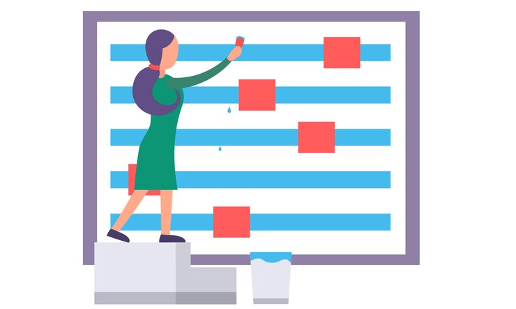 Vector a girl with a brush in her hands draws lines and squares artist at work a woman stands on the steps and paints a large billboard with blue dye volume control or setting sign on the background