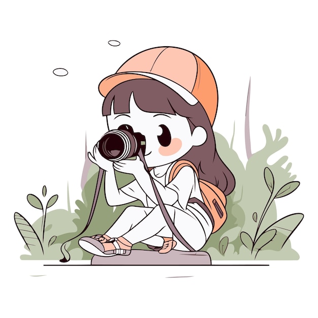 Vector girl with camera in the park in cartoon style