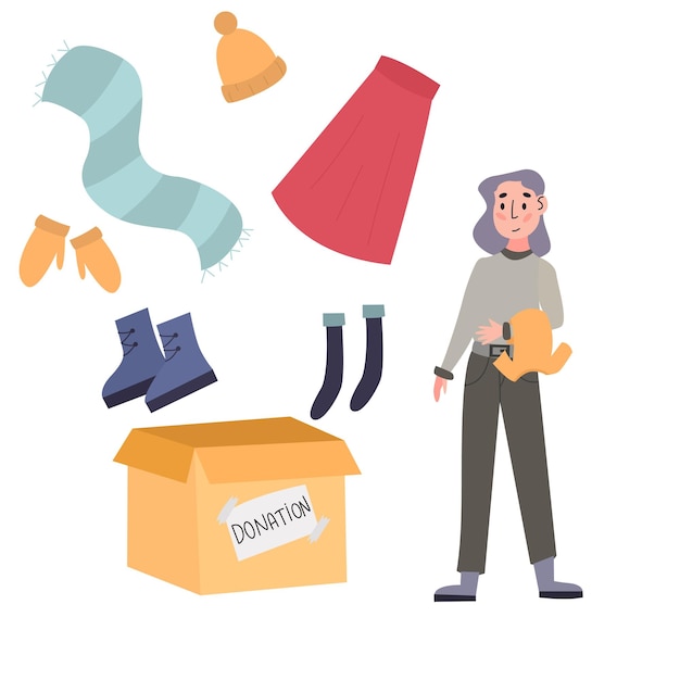 Girl with cardboard donation box full of clothes Social care volunteering and charity concept