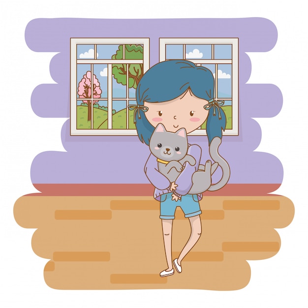 Girl with cat cartoon design