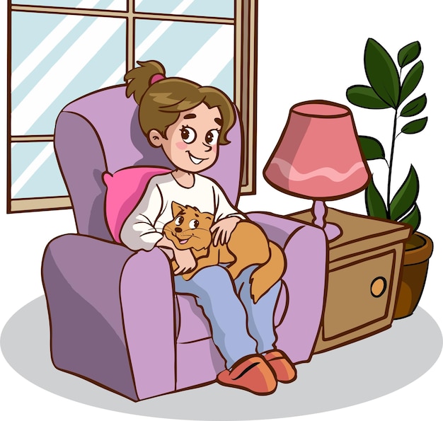 girl with cat cartoon vector