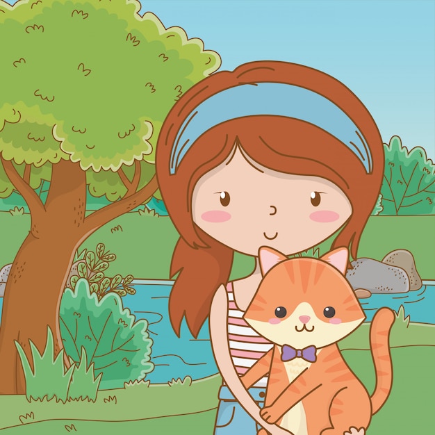 Girl with cat cartoon