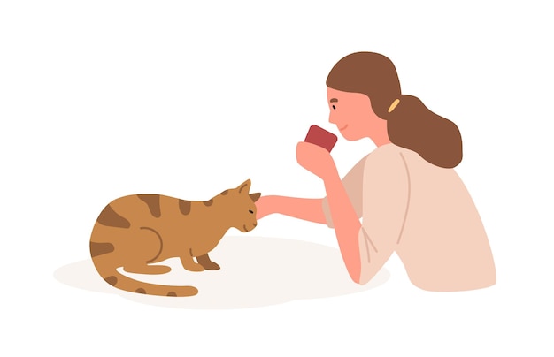 ベクトル 猫フラットベクトルイラストと女の子。動物の世話、猫と遊ぶ。ホームレジャー、レクリエーション、リラクゼーション、ストレス解消のコンセプト。国内の子猫の漫画のキャラクターをかわいがる若い女性。