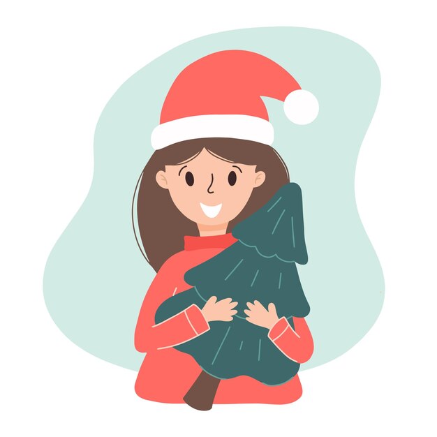 Девушка с елкой. векторная иллюстрация. идеально подходит для открытки или плаката к зимним праздникам.
