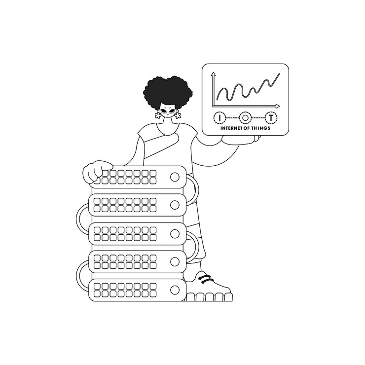 Vector girl with a cloud storage server for the internet of things in a vector linear art style
