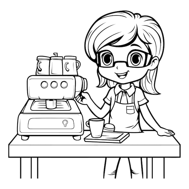 Vettore ragazza con la macchina del caffè libro da colorare per bambini