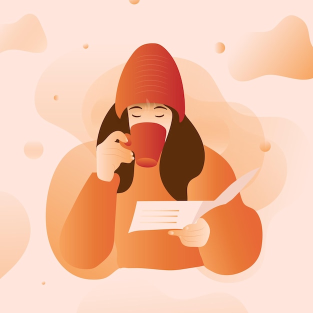 girl with coffee reading book illustration