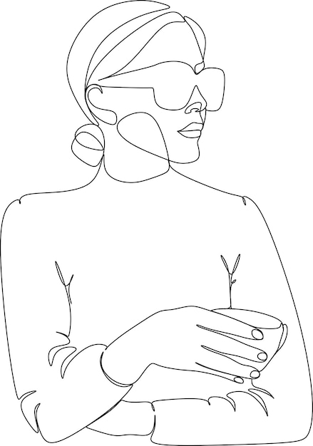 Girl with a cup of tea continuous line