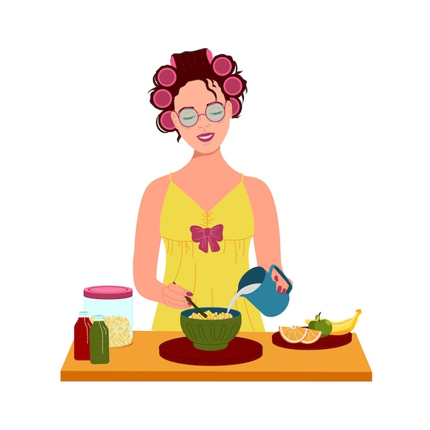 Vector girl with curlers on her head makes breakfast