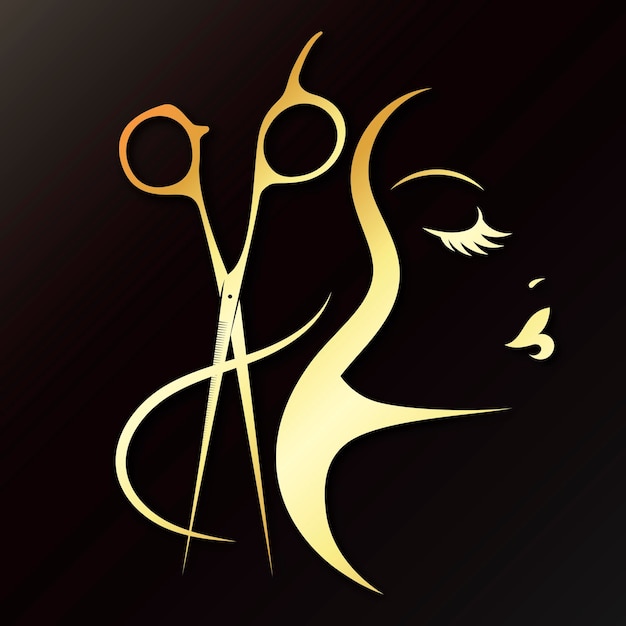 Vector girl with curls of hair and stylist scissors hairstyle golden symbol