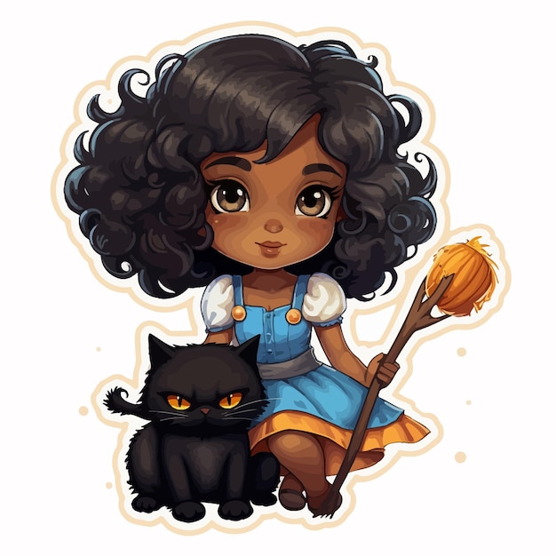 a girl with curly hair and a black cat next to her