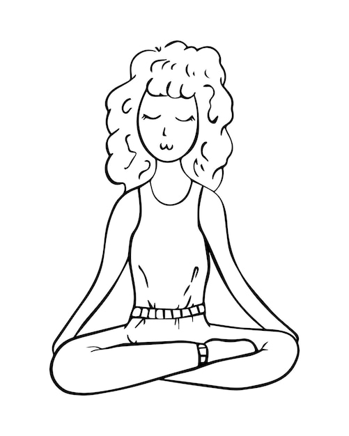 Girl with curly hair meditates in lotus position doodle linear