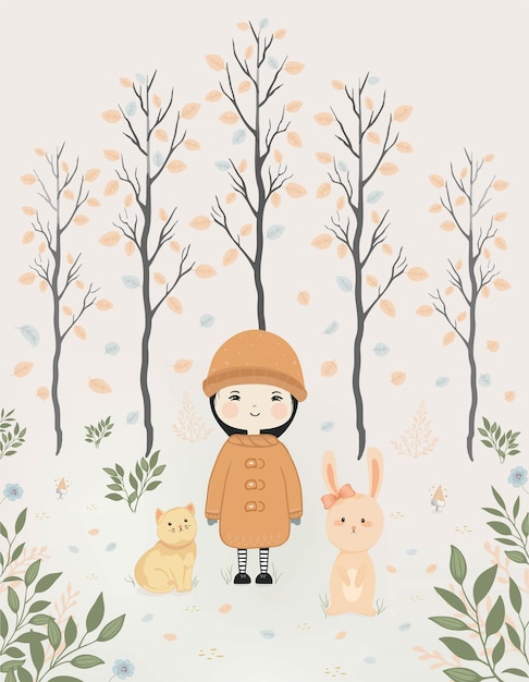 Girl with cute animals in the forest