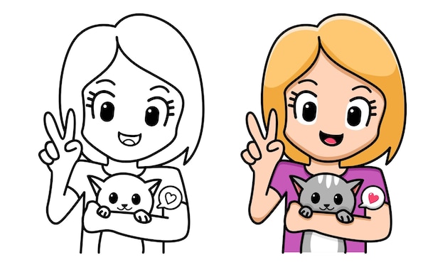 Girl with cute cat coloring page for kids