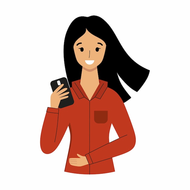 Vector girl with dark hair is holding smartphone.