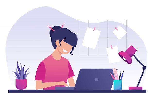 Vector a girl with dark hair works on a laptop. work from home. freelance. stay at home.   flat illustration.