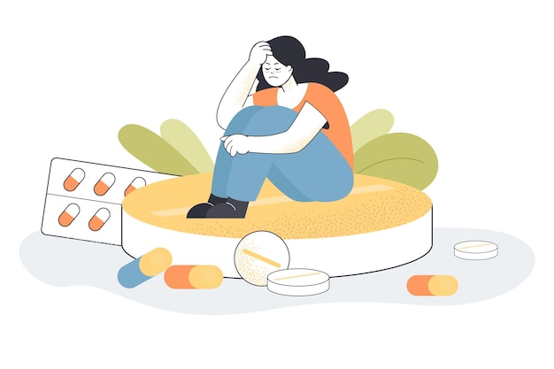 Vector girl with depression sitting on big pill. woman fighting anxiety with antidepressants and hormonal drugs, placebo for addict flat illustration