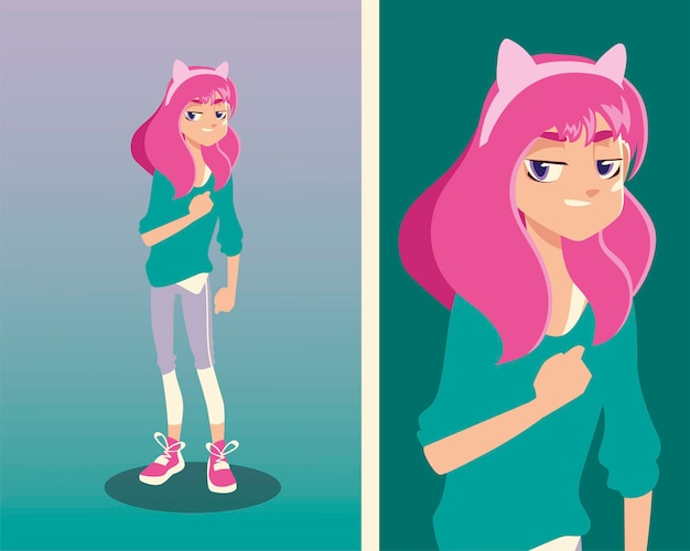 Vector girl with diadem and pink hair youth culture  illustration