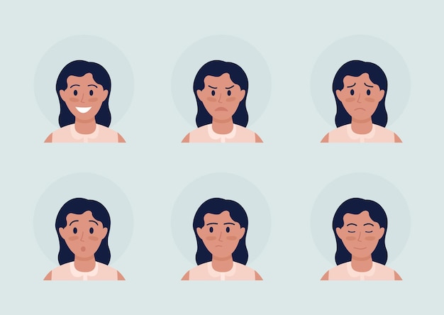 Girl with different emotions semi flat color vector character avatar set. Casual style. Portrait from front view. Isolated modern cartoon style illustration for graphic design and animation pack