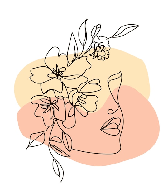 Girl with different plant line drawing Line face illustration woman with flower on had Vector illustration concept