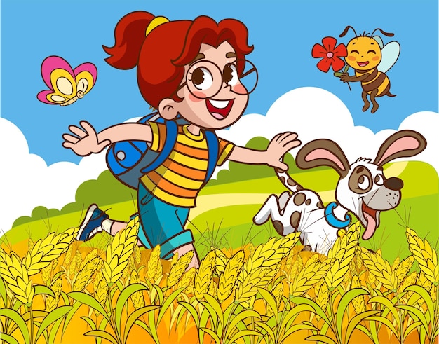 Girl with dog and bee in the field Vector illustration of cartoon character