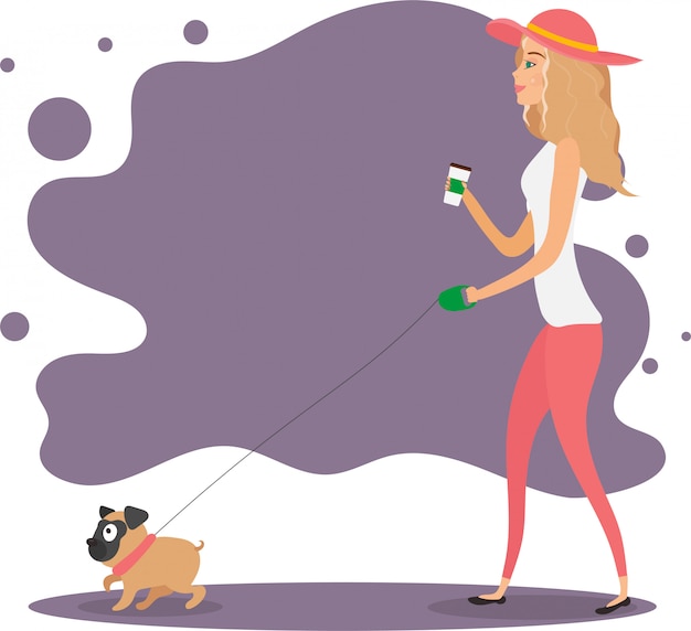 Ragazza con un cane. la ragazza con il cappello cammina con un carlino. illustrazione