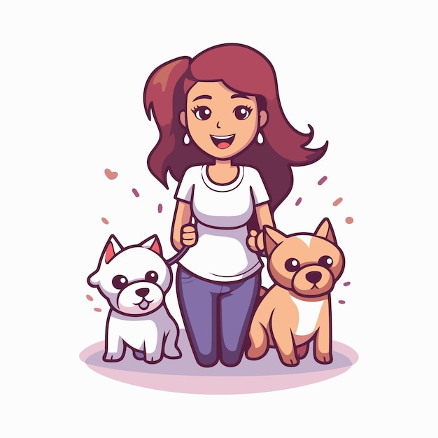 Girl with dogs Vector illustration in cartoon style on white background