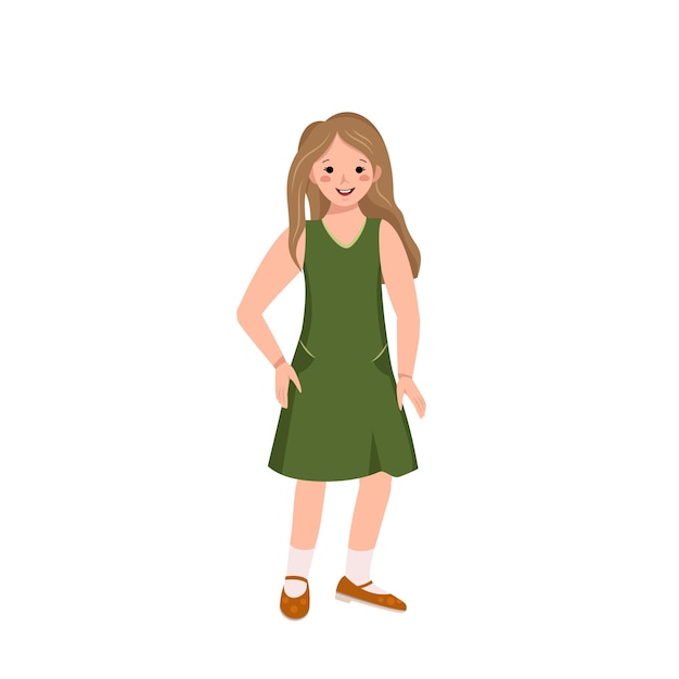 A girl with a face, brown hair in a green dress and shoes is dancing. happy cute kid smile. teenager in casual summer clothes. world international children day. vector flat illustration