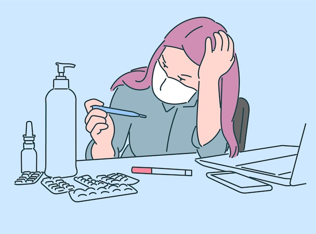 Vector girl with face mask looking at thermometer