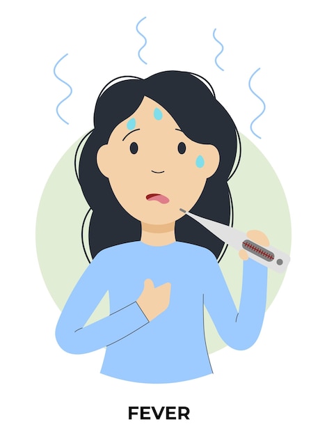 Girl with fever flu symptoms information flat style vector illustration