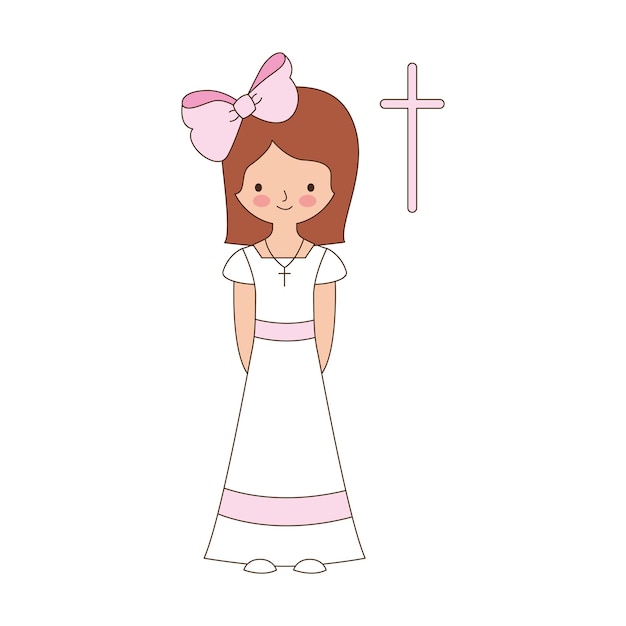 girl with first communion dress and pink bow isolated over white background vector illustration