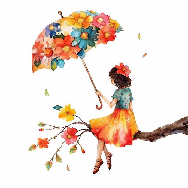 Girl with flower umbrella sitting on a tree branch watercolor paint