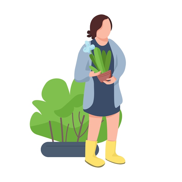 観葉植物フラットデザイン色顔のないキャラクターを保持している植木鉢の女性を持つ少女