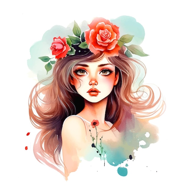 Vettore ragazza con i fiori nei capelli in acquerello