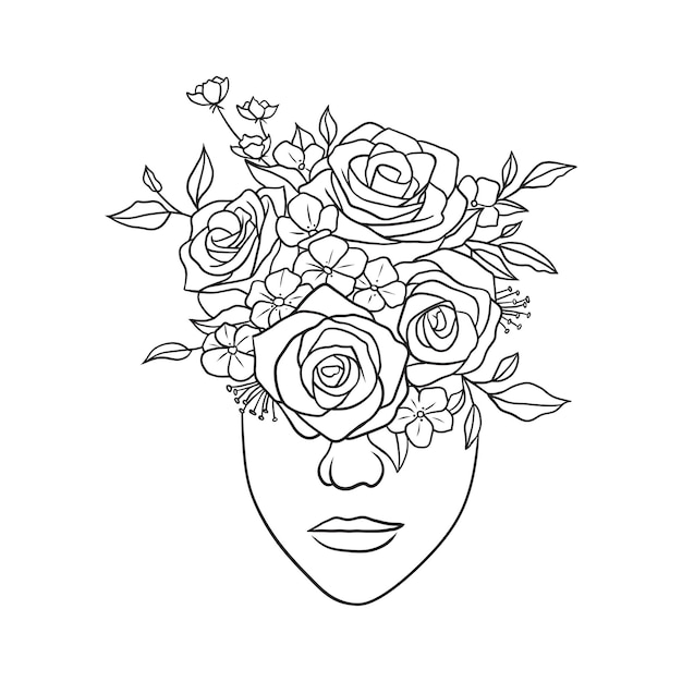 Girl with flowers in her hairline art vector Flowers in woman head line drawing Minimalist abstra