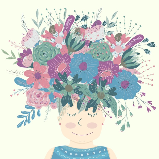 Girl with flowers on her head Wild flowers chamomile Naive simple style