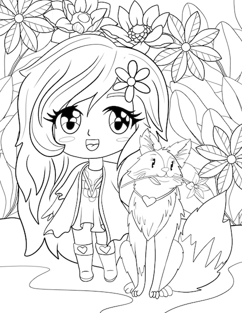 A girl with a fox and a cat in a flowery garden.