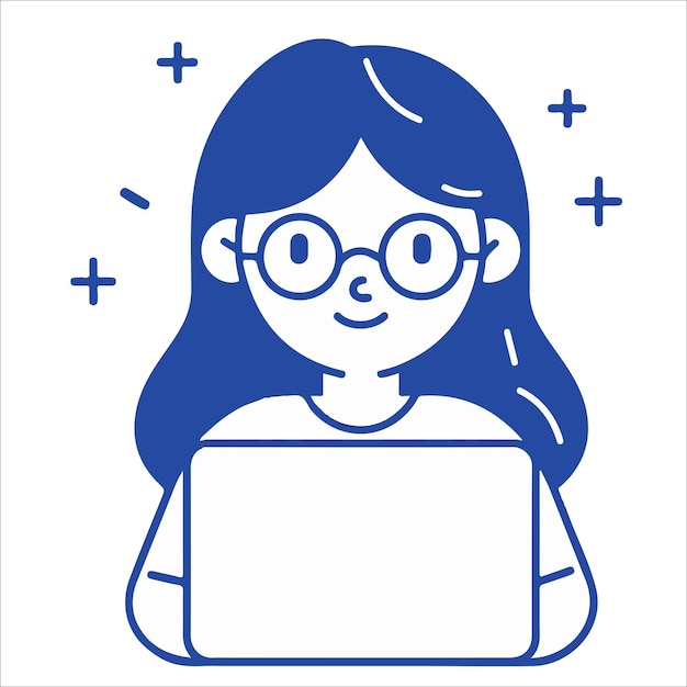 a girl with glasses is looking at a computer screen