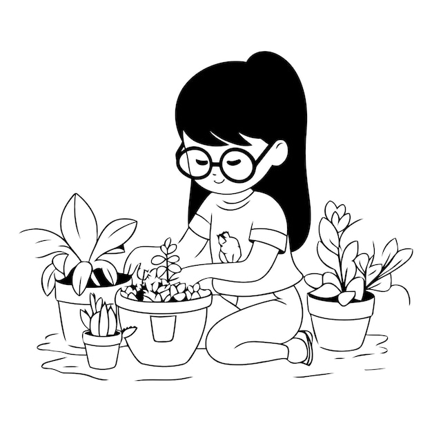 Girl with glasses planting houseplants in pot vector illustration graphic design