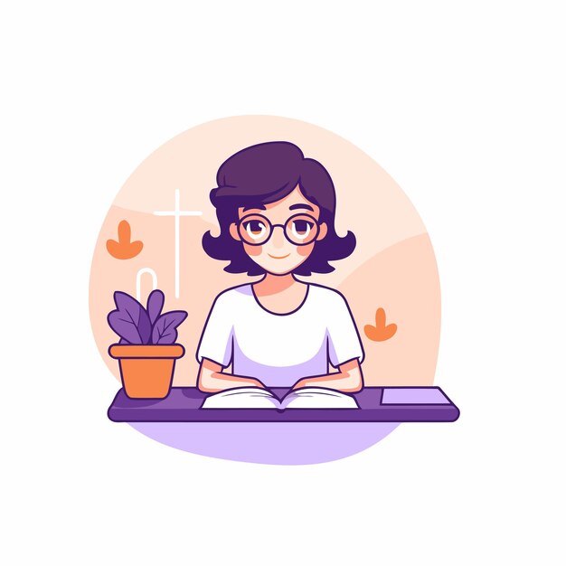 Vector girl with glasses sitting at the table and reading a book vector illustration