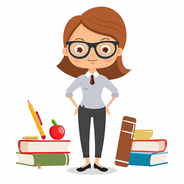 a girl with glasses standing in front of a stack of books with a pencil and a pencil on the top